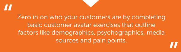 Zero in on who your customers are by completing basic customer avatar exercises that outline factors like demographics, psychographics, media sources and pain points.